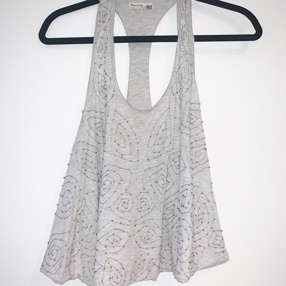 PIACERE DI PUE Heather Gray Beaded Embroidered Swing Racerback Tank Top Small